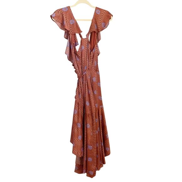 Anthropologie Ruffle Sleeve Printed Wrap Maxi Dress XS Brown NWT - Picture 6 of 10